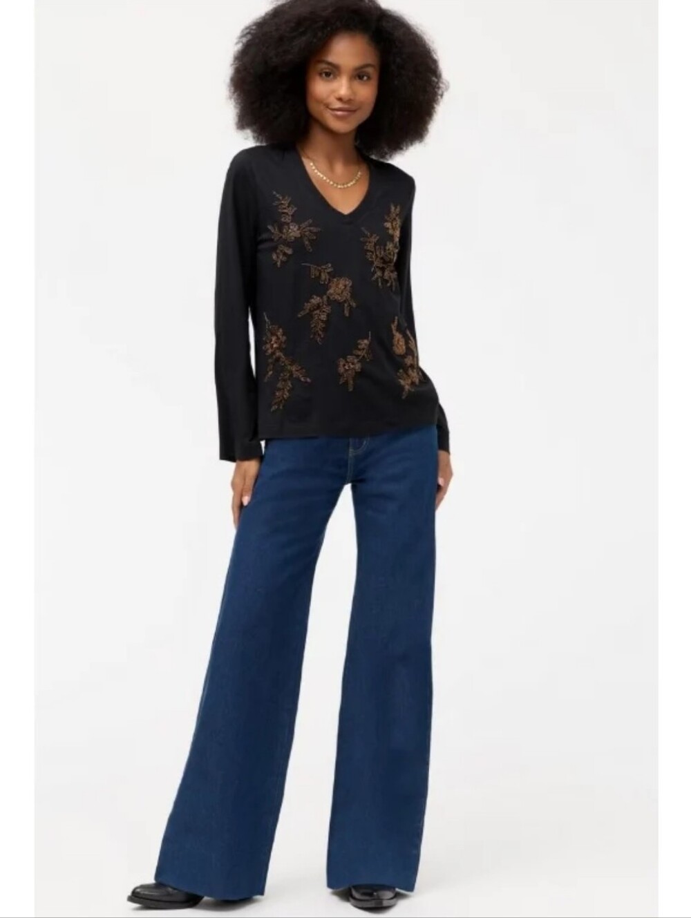 Johnny Was Femke Gold Beaded Kimono Sleeve Tee Black Women's Medium